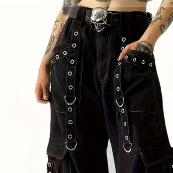 🧿Women's Gothic Strap Wide Leg Denim Pants - Picture 3 of 9